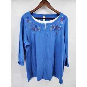Decorated Originals Womens XL Blue Patriotic Star Rhinestone 3/4 Sleeve Top